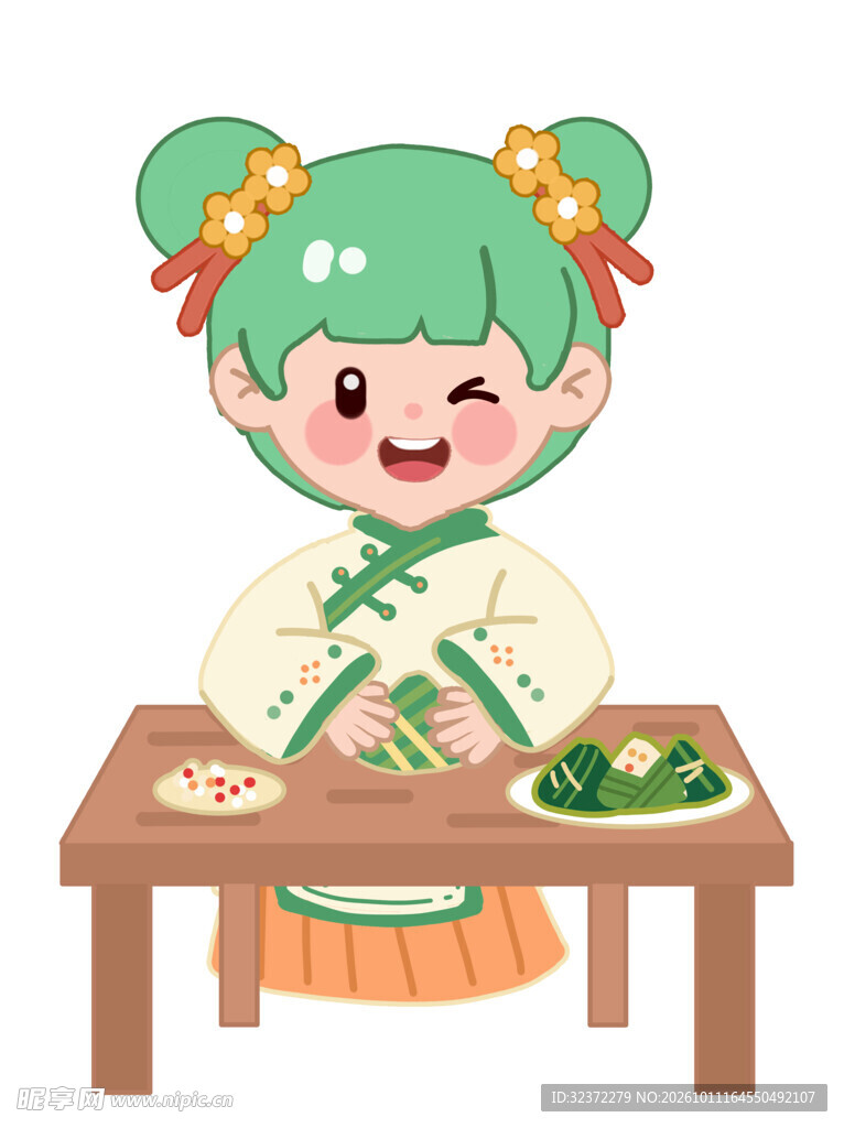 端午女孩包粽子卡通插画
