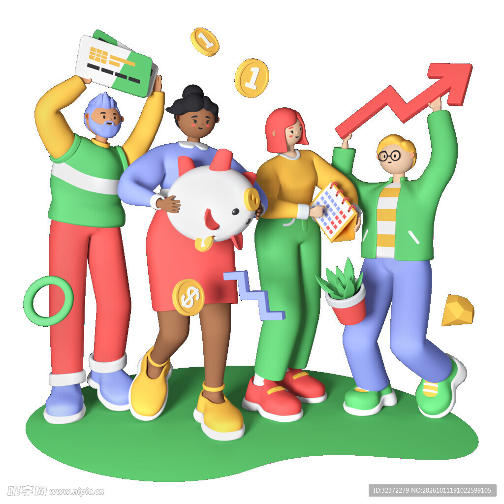 团队理财增收3D插画