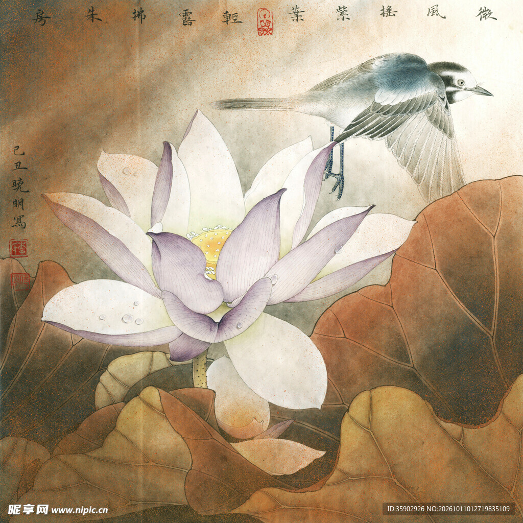 工笔荷花禽鸟图