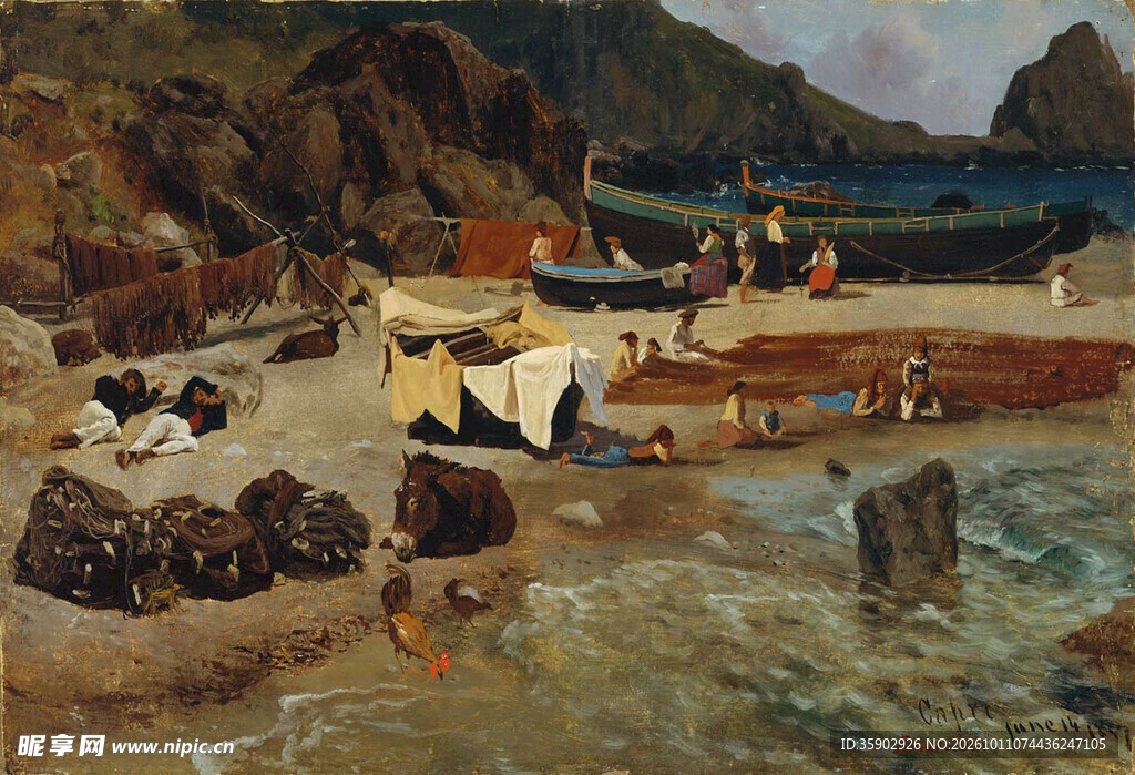 海滨渔村劳作风景油画