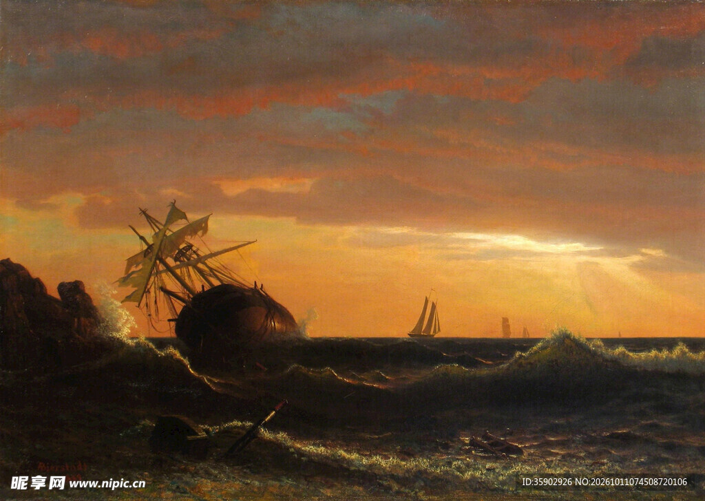 海滨黄昏风景油画