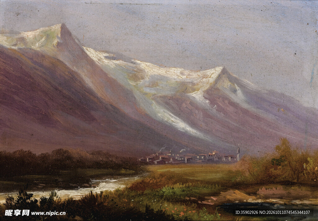 雪山河谷风景油画