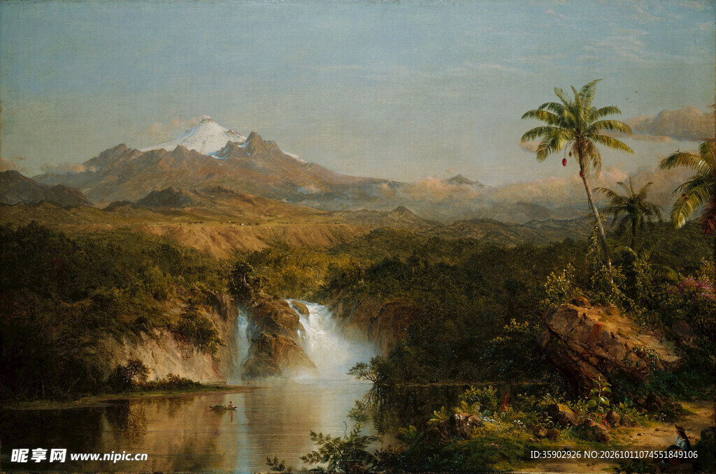 热带瀑布山水风景油画