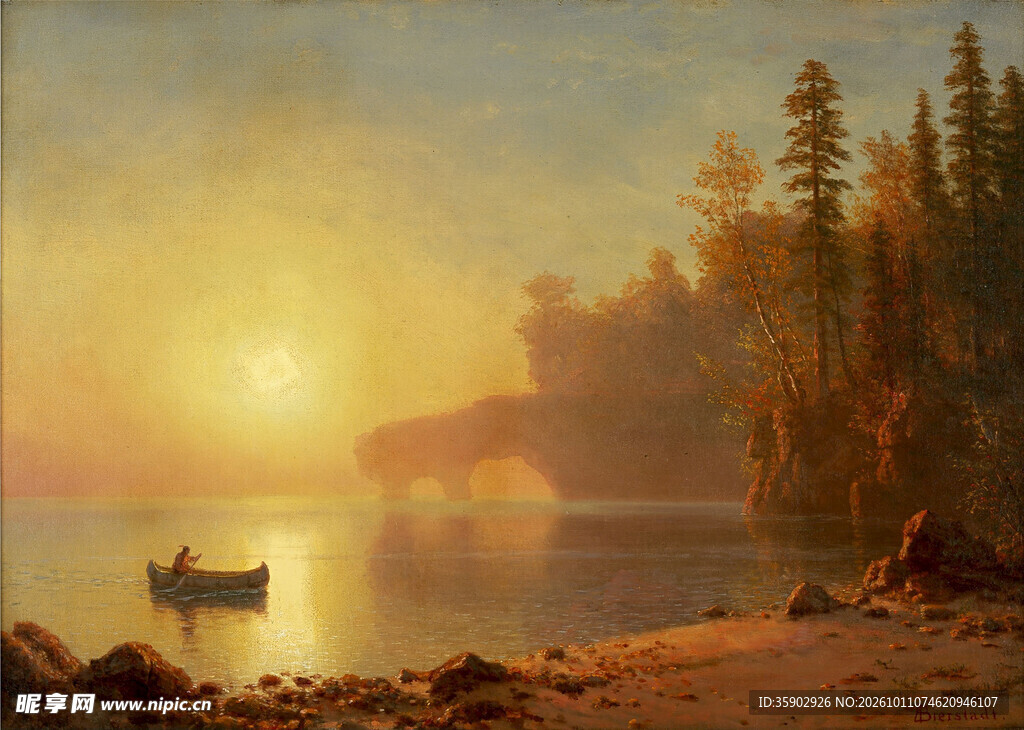 湖畔落日风景油画