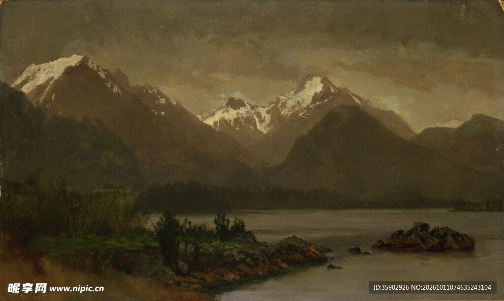 复古山湖风景油画