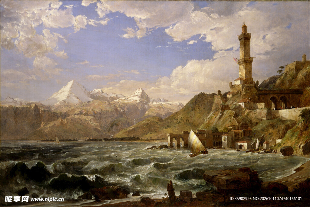 海岸灯塔风景油画
