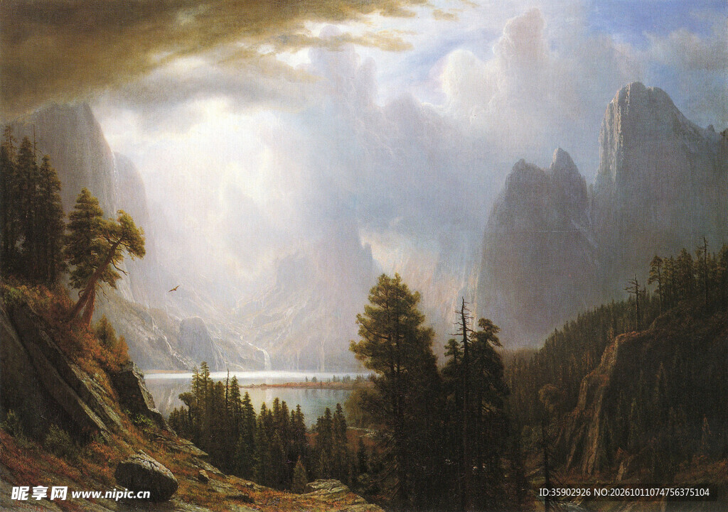 山谷晨光风景油画