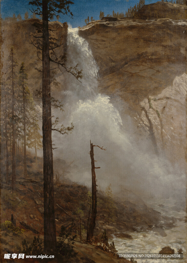 山林瀑布风景油画
