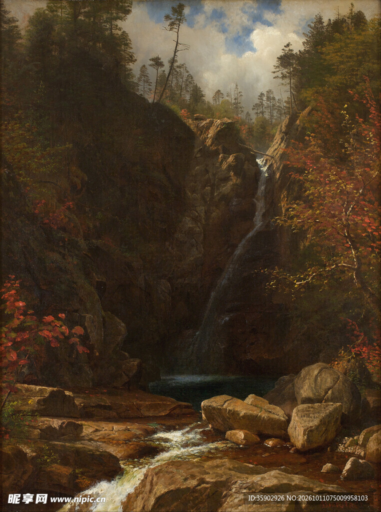 秋日山林瀑布油画
