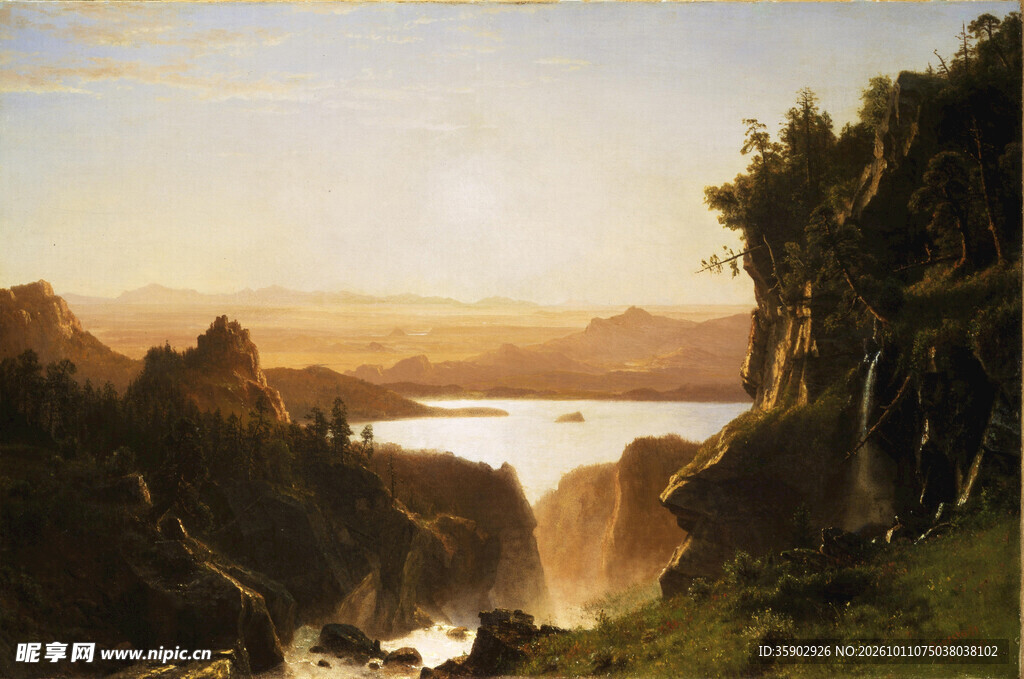 夕照山湖风景油画