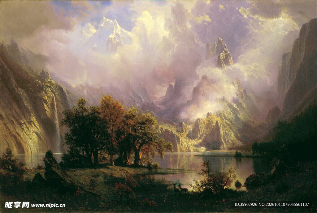 霞光山湖风景油画