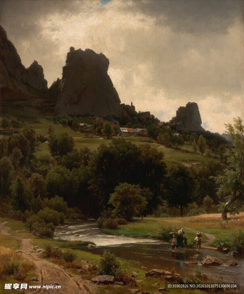 山野溪谷风景油画