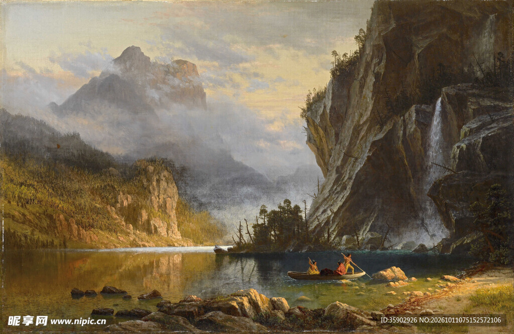 山水瀑布风景油画