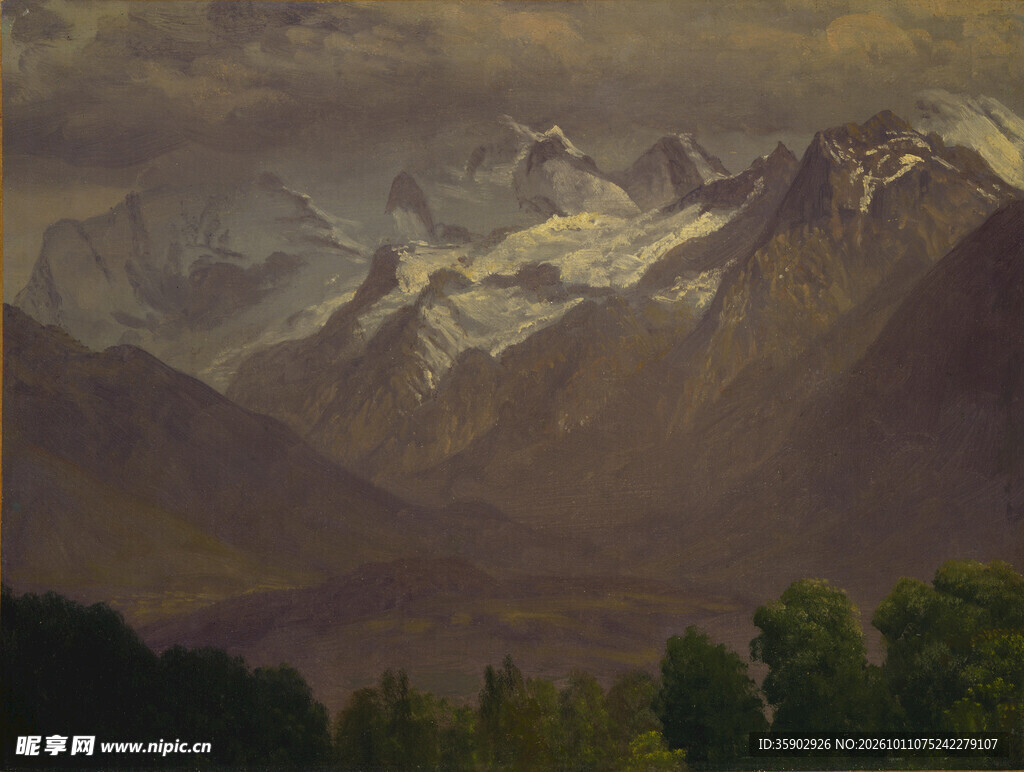 暮色雪山风景油画