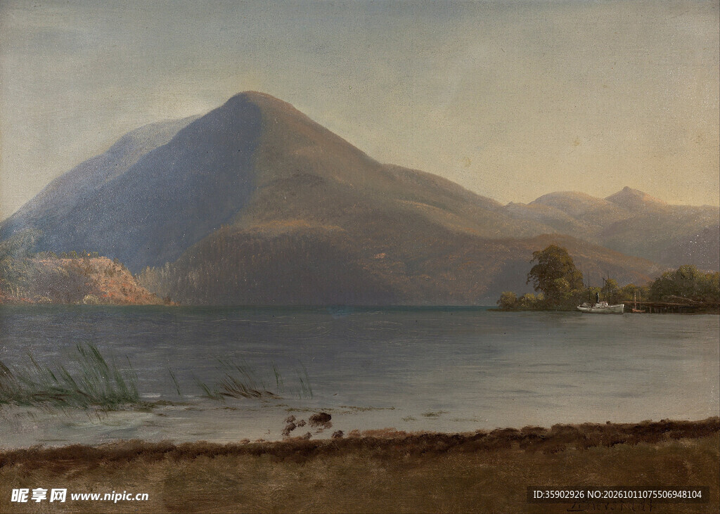 湖畔远山风景油画