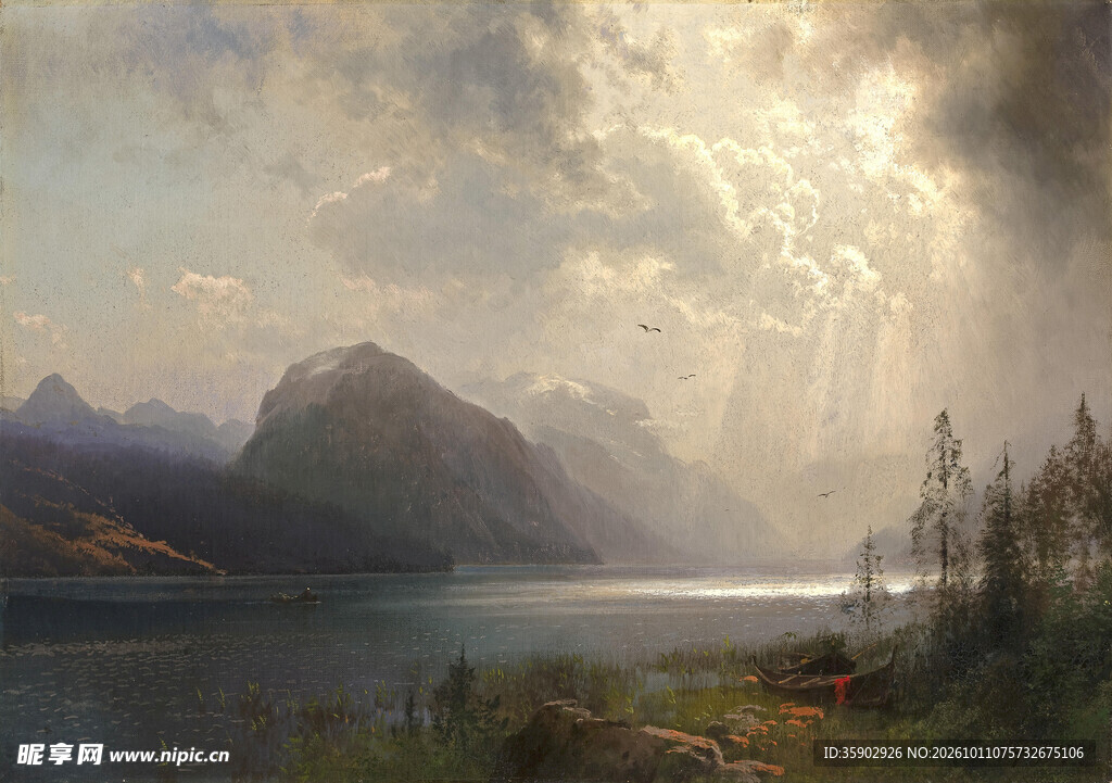 山湖晨光风景油画