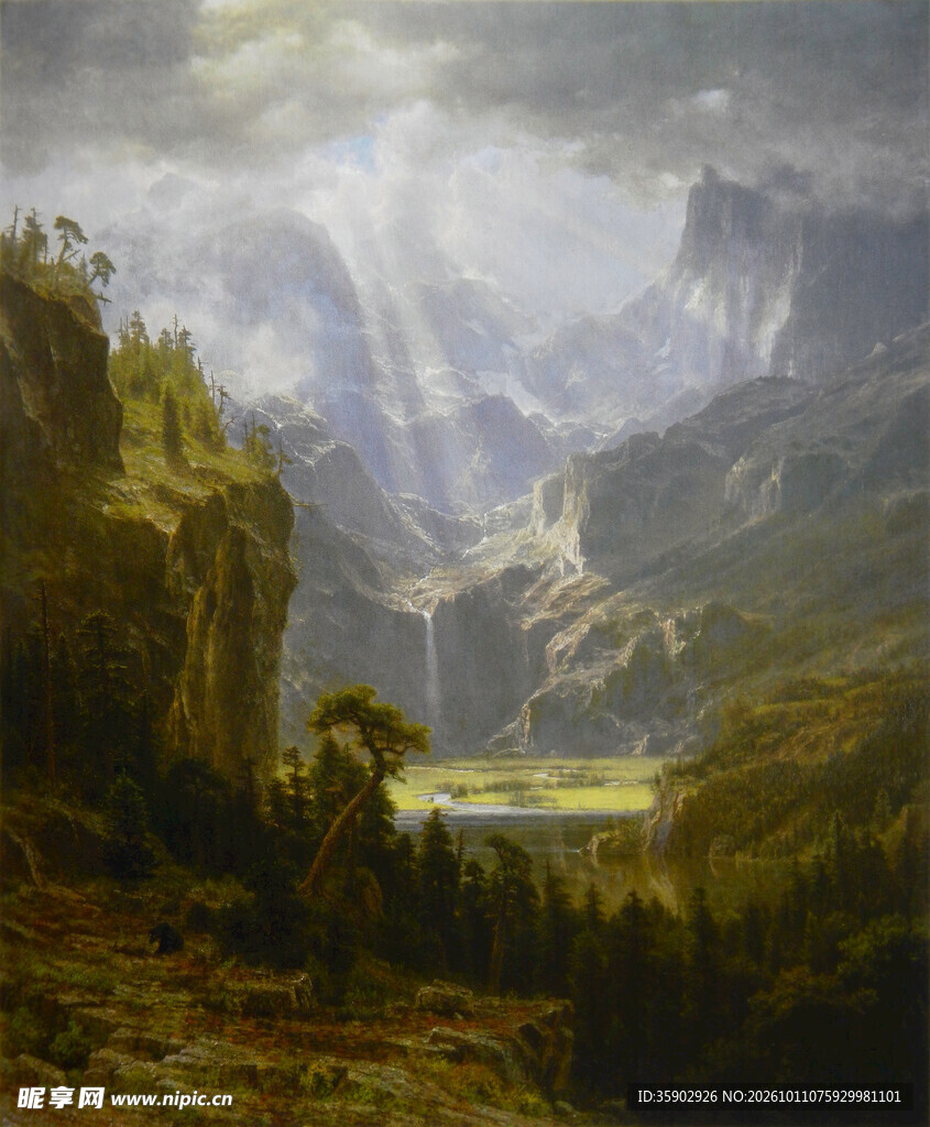 山谷晨光风景油画