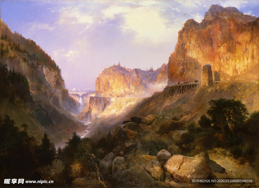 峡谷晨光风景油画