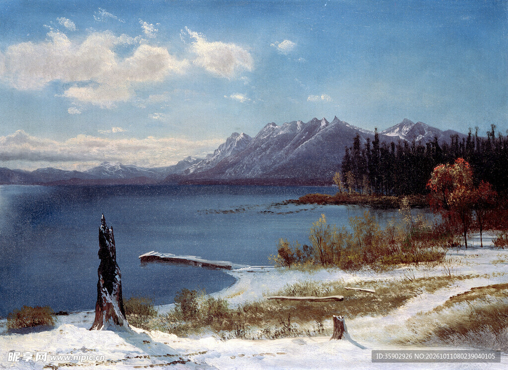 湖畔雪山冬景油画