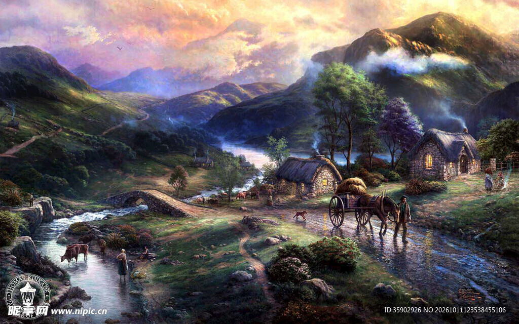 乡野黄昏风景油画