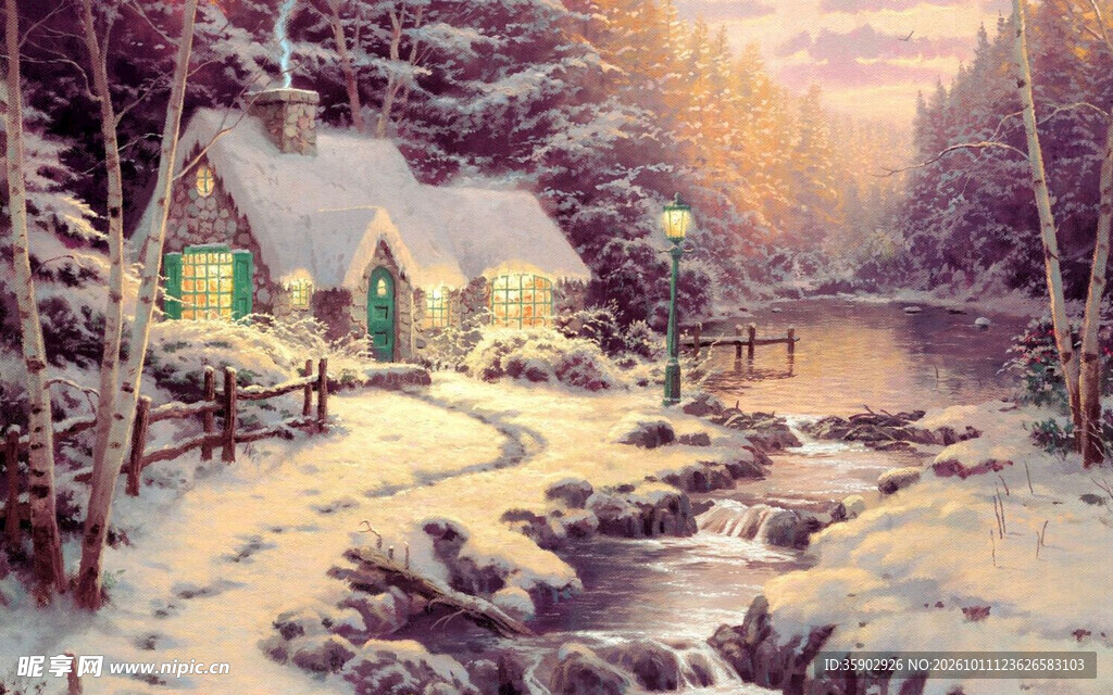 暮色雪林温馨小屋