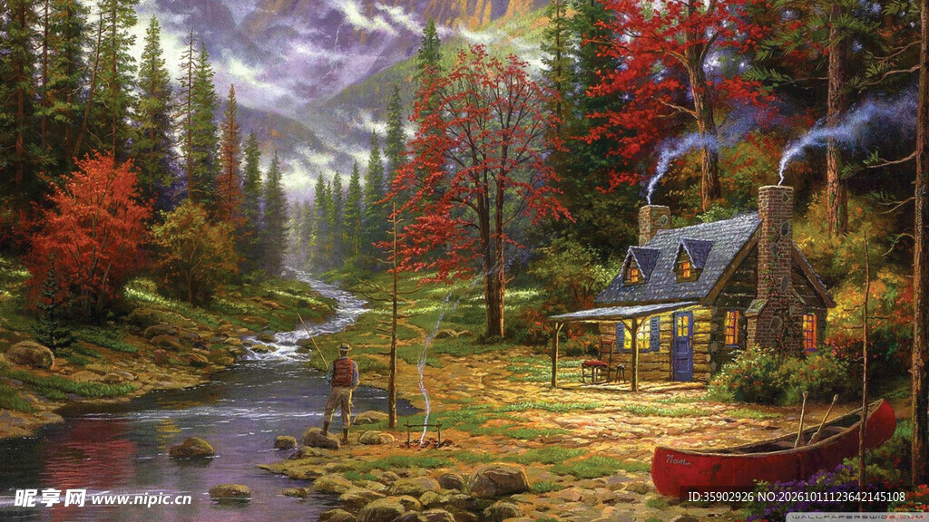 秋林河畔小屋风景油画