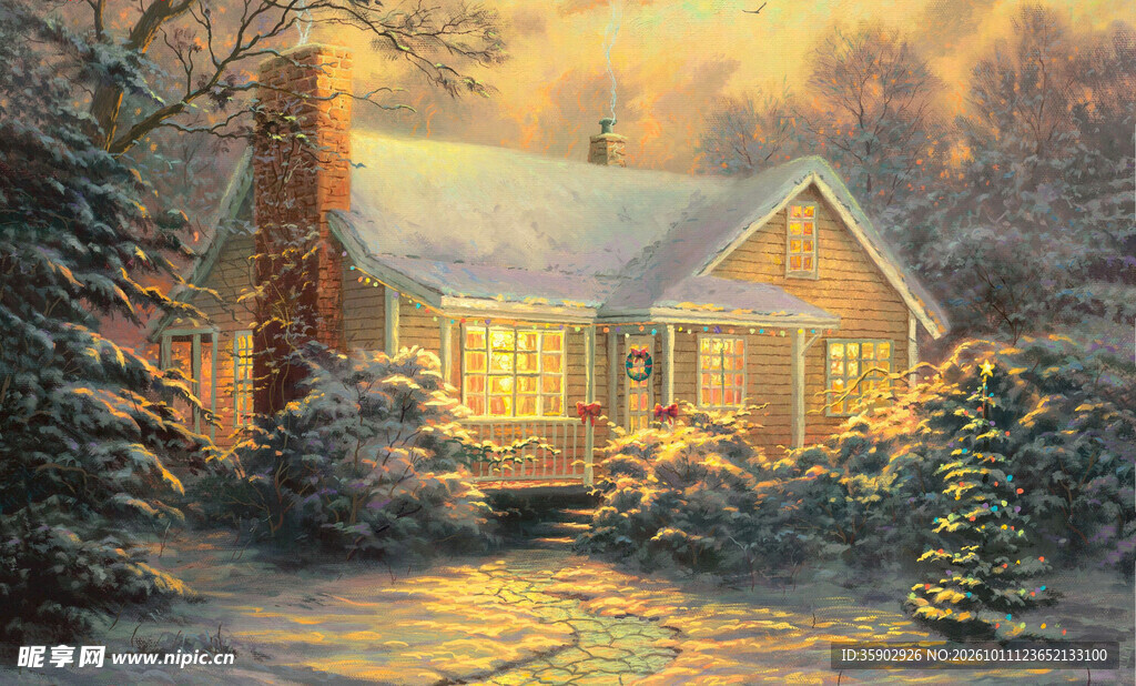 冬日暖光雪中小屋