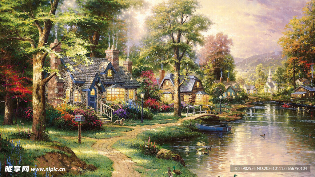 湖畔林间小屋风景油画