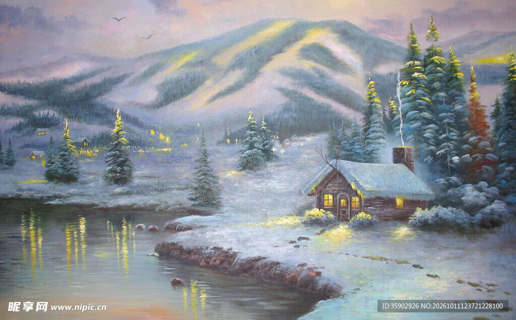 冬日湖畔雪中小屋风景