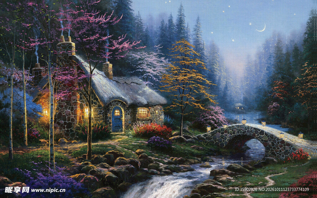梦幻林间小屋风景油画
