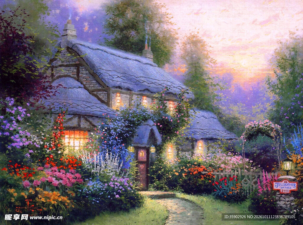 暮色花园小屋油画