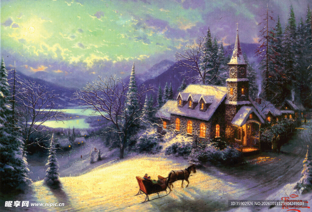 冬日雪夜雪橇风景油画