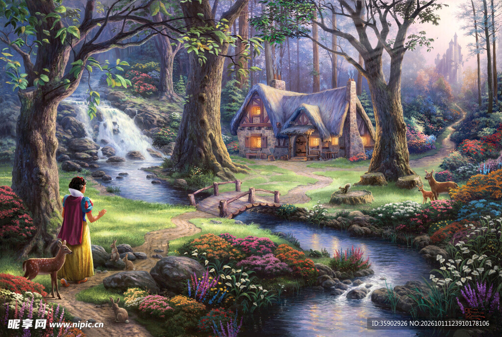 白雪公主林间小屋油画