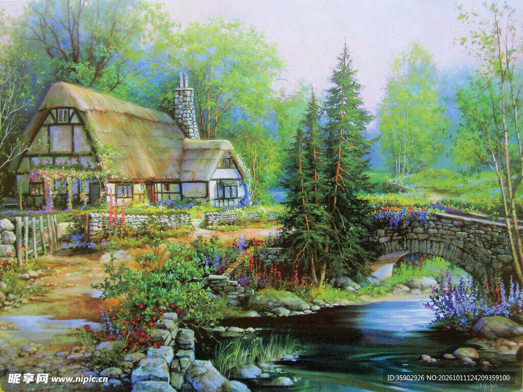 林间河畔小屋风景油画