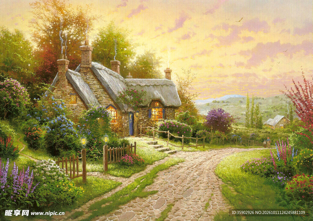 乡村黄昏小屋风景油画