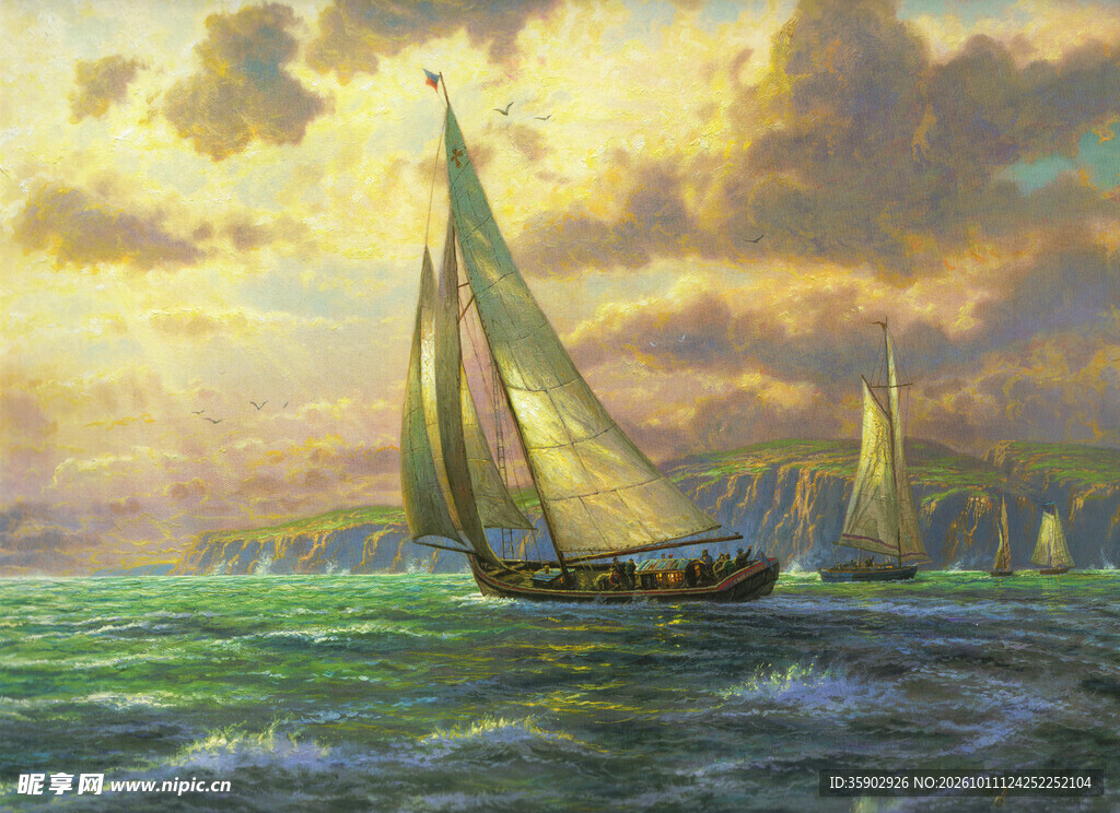 夕照海面帆船航行油画