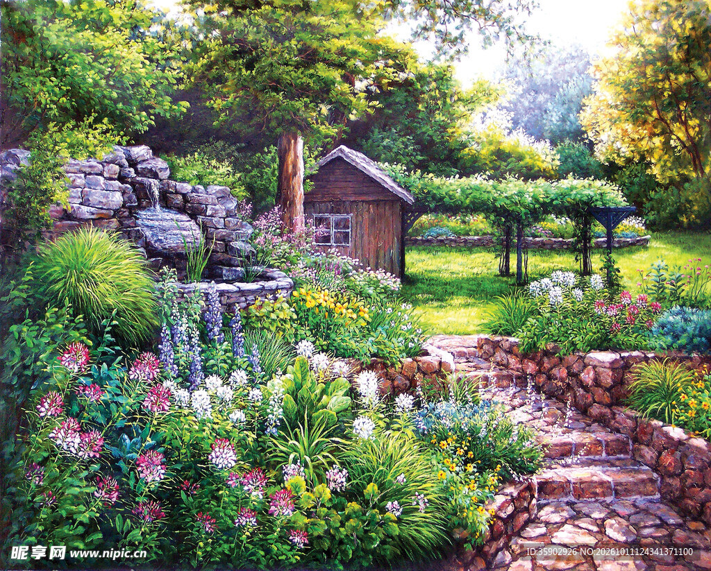 乡村花园小屋风景油画