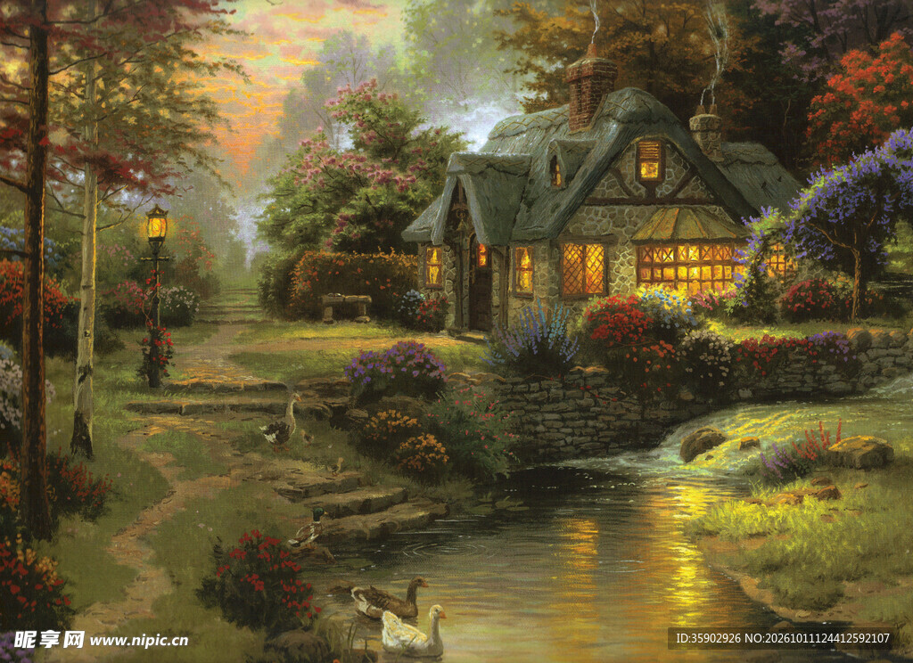 黄昏郊野暖光小屋油画