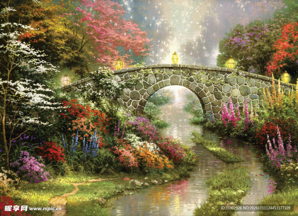 花园石拱桥风景油画