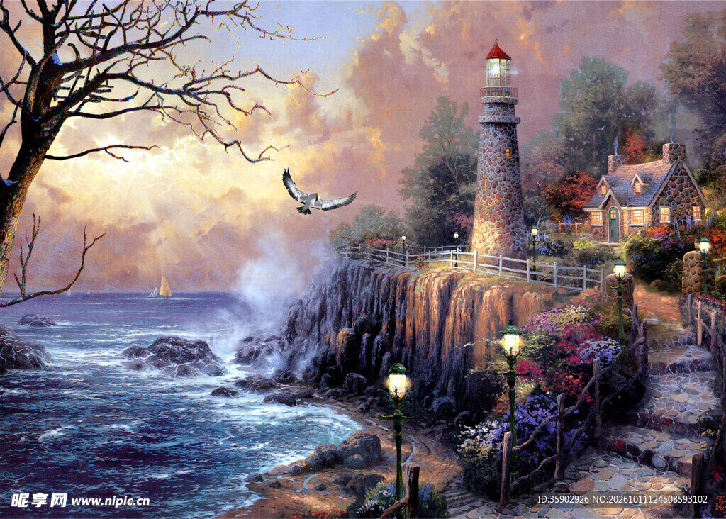 海边灯塔黄昏风景油画