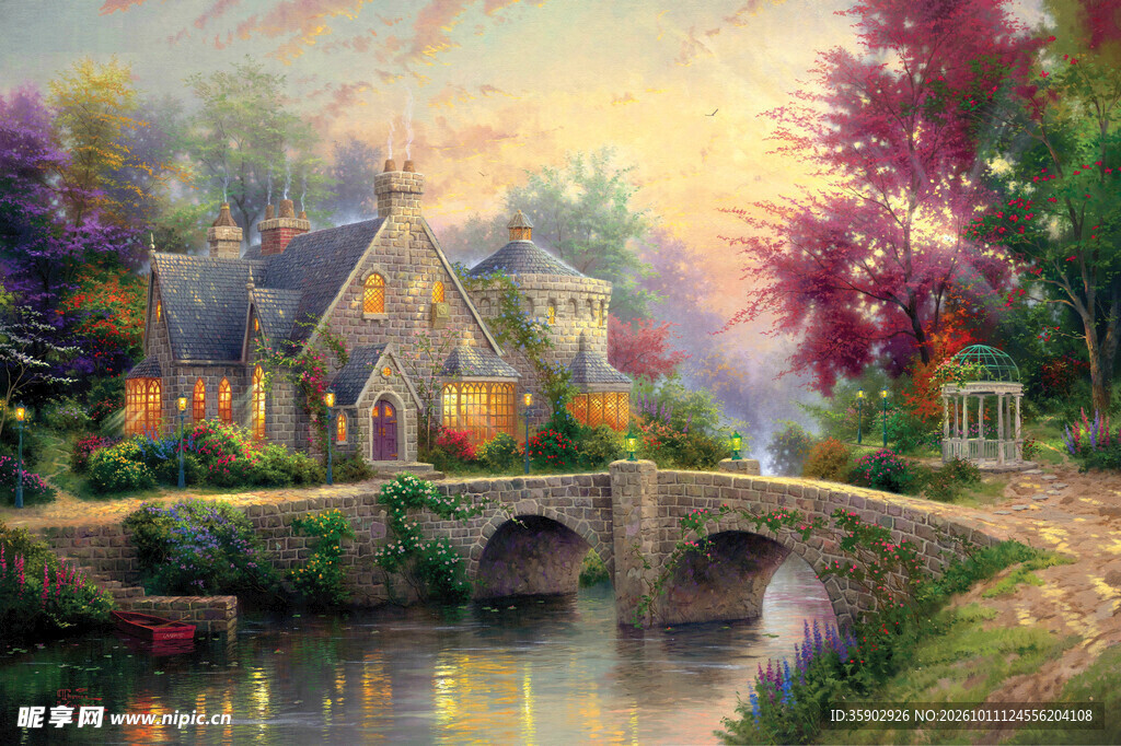 河畔小屋风景油画