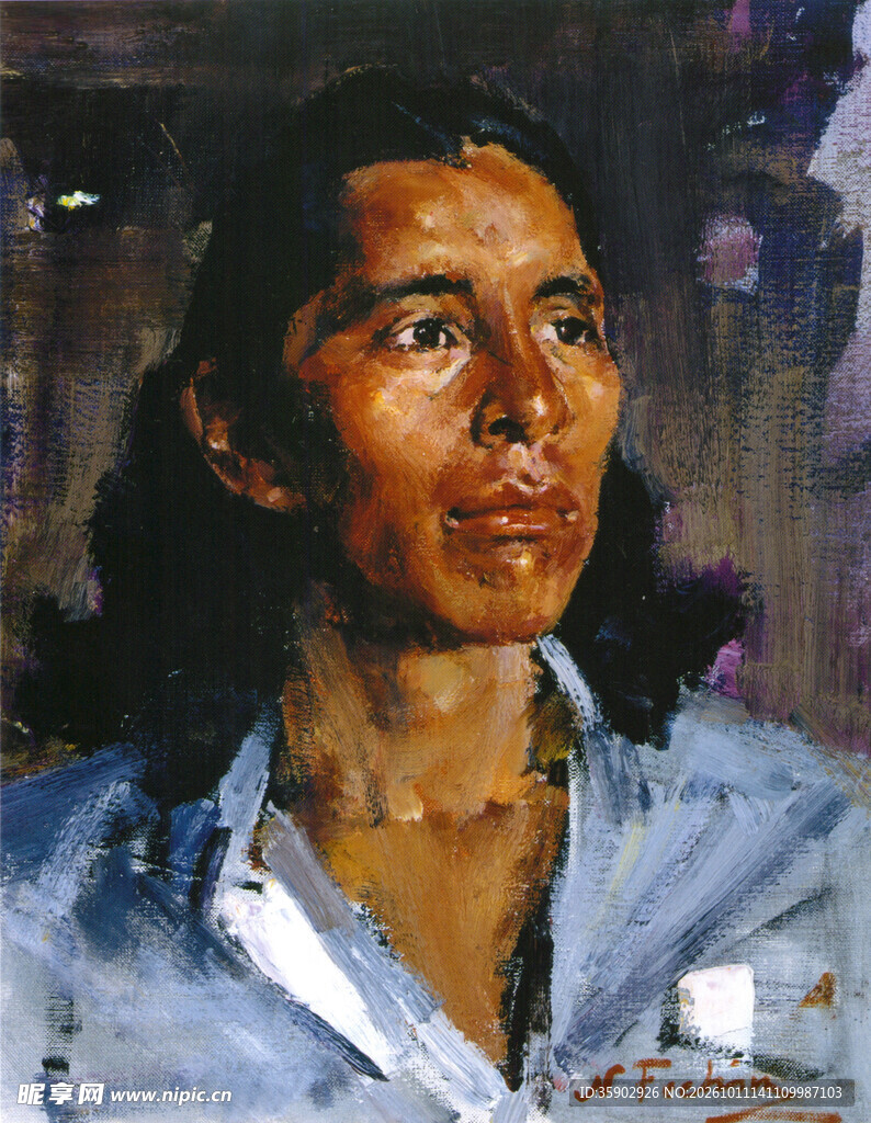 蓝衣女性肖像油画