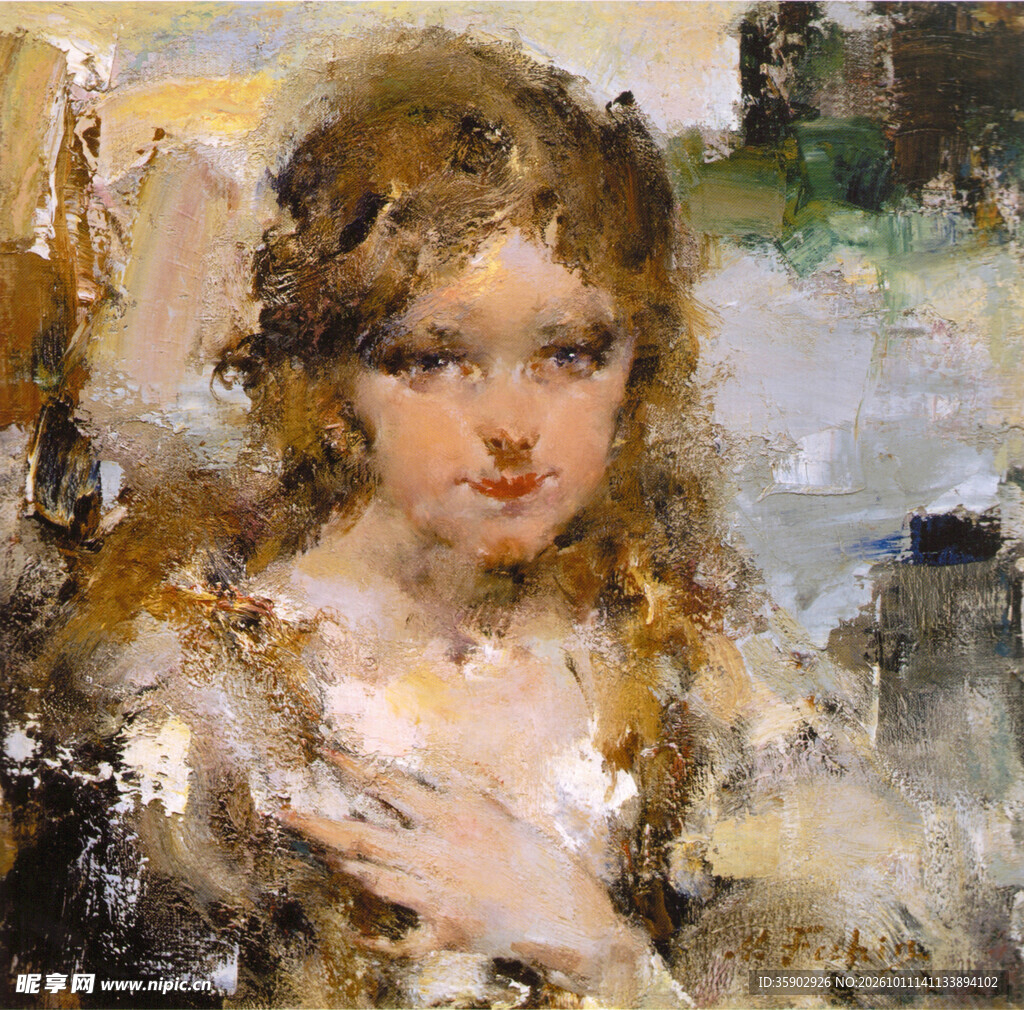 金发少女肖像油画