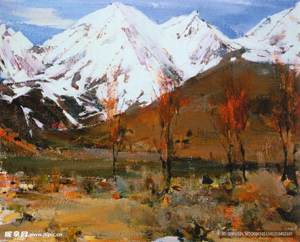 雪山秋野风景油画
