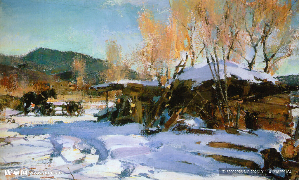 冬日雪村木屋风景油画