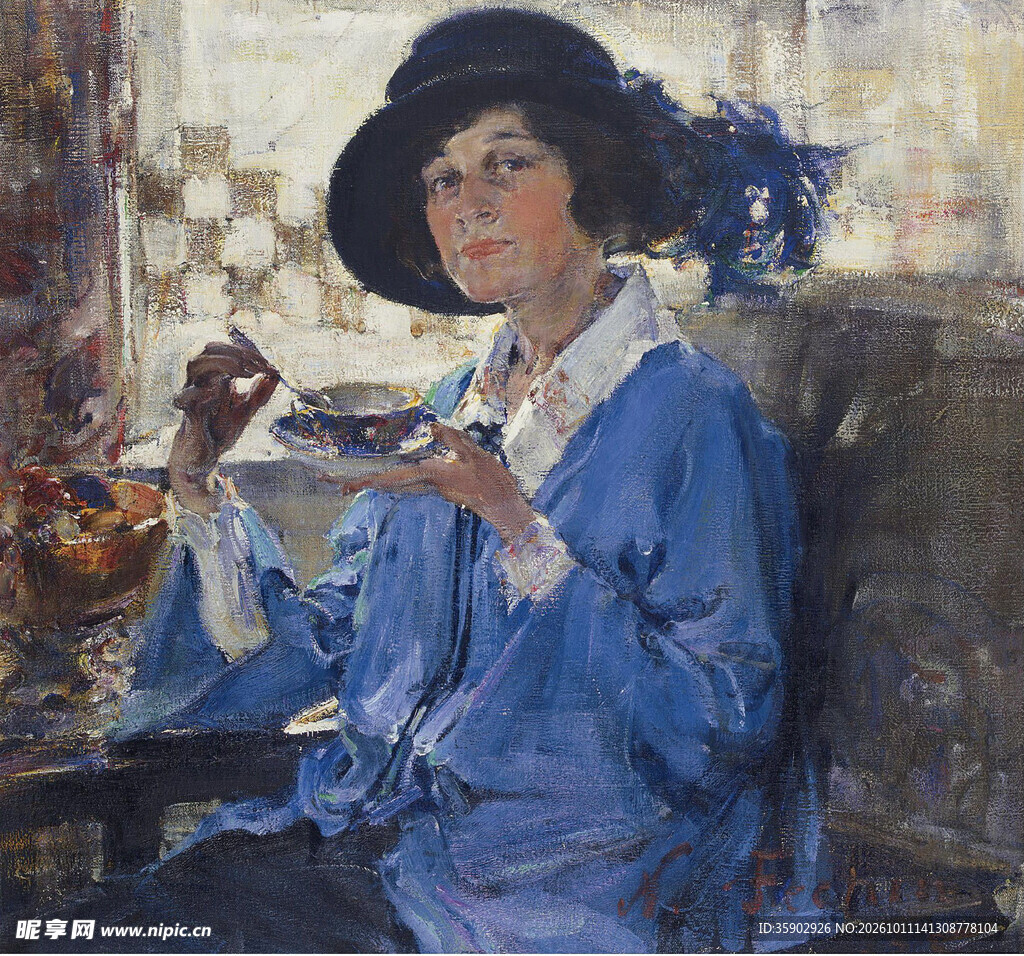 蓝衣戴帽女子肖像油画