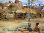 山边村落风景油画