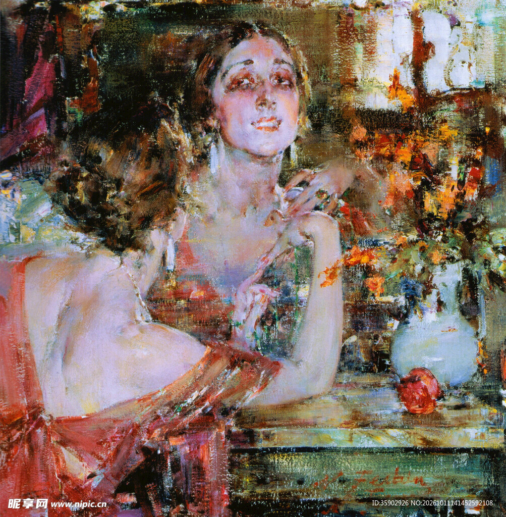 窗边女子印象派油画