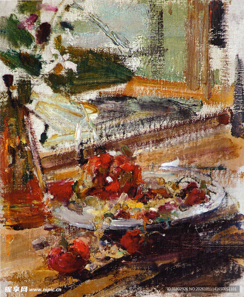 窗边静物花卉油画