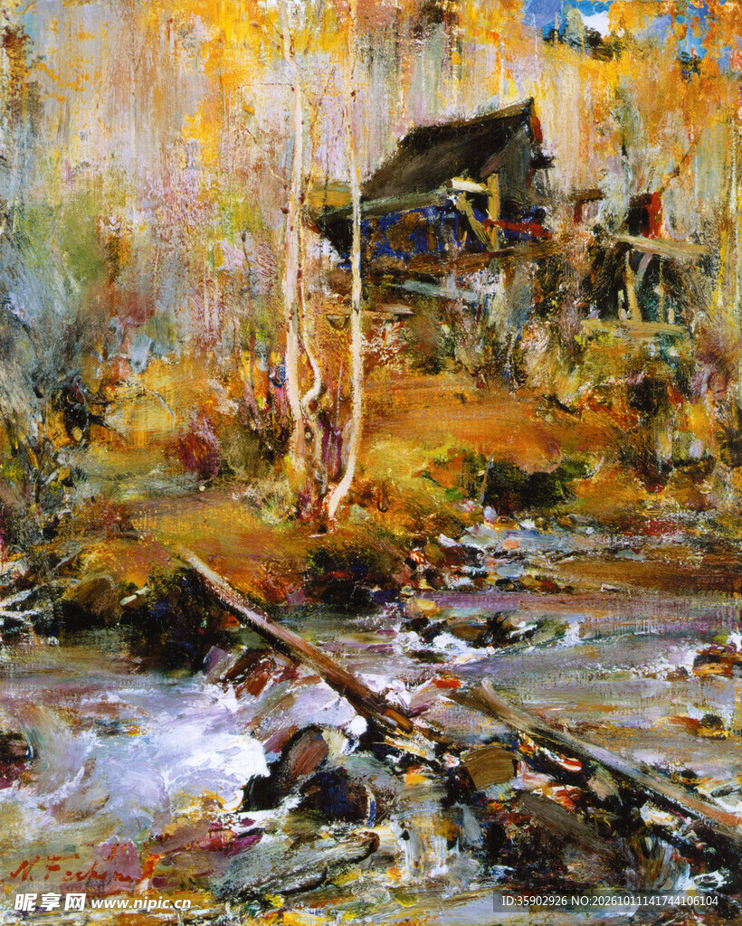 秋林溪畔小屋风景油画